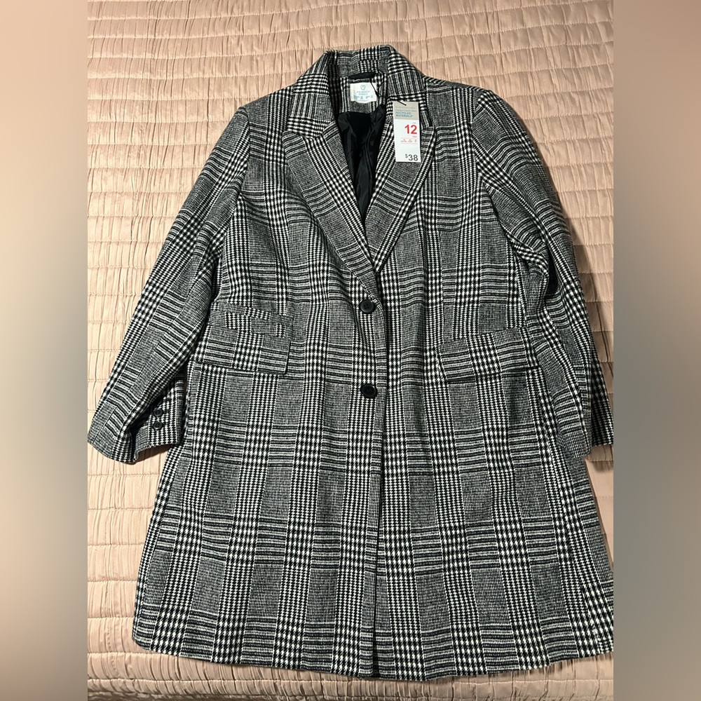 Primark black and white plaid coat size 12